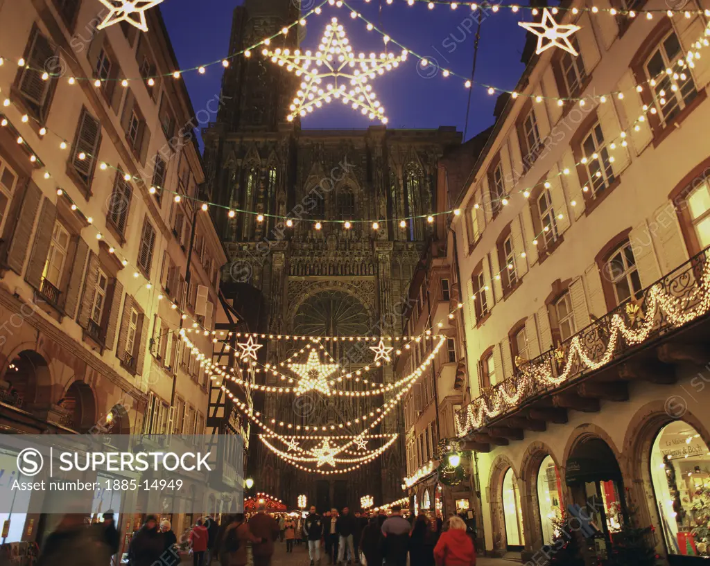 France, Alsace, Strasbourg, Christmas lights and cathedral