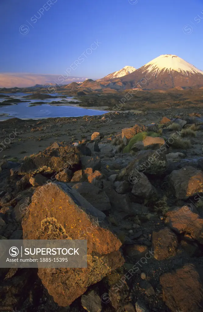 Chile, , Lauca National Park, Salt lake and volcanoes