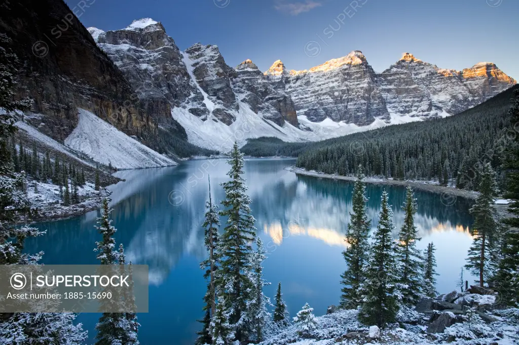 Canada, Alberta and The Rockies, Banff National Park, Moraine Lake in winter 
