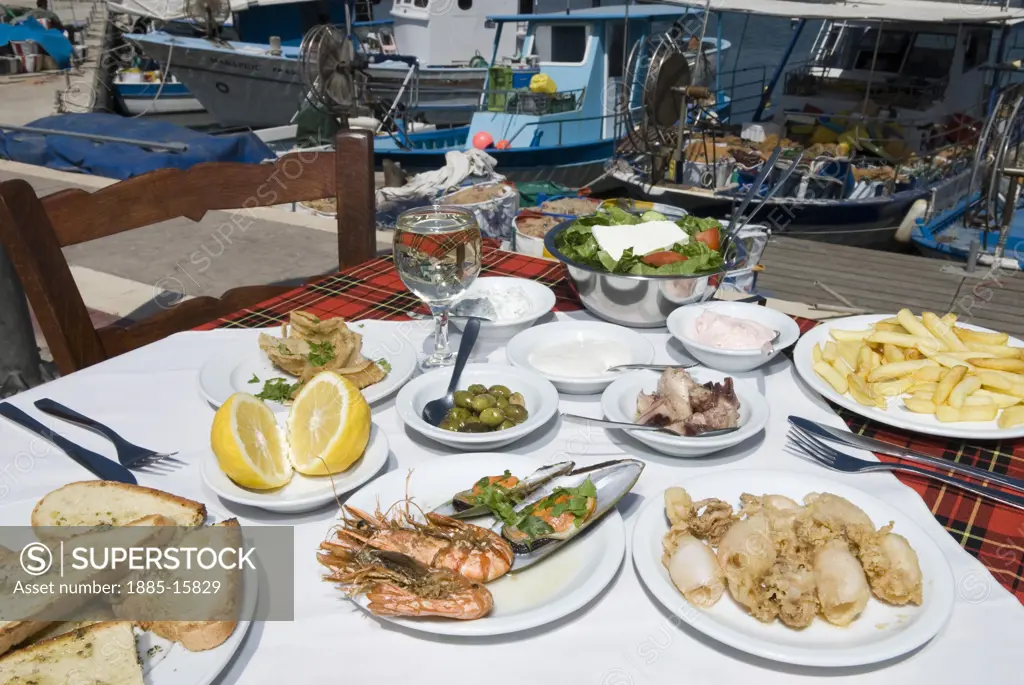 Cyprus, South, Latchi, Seafood Meze at harbourside restaurant