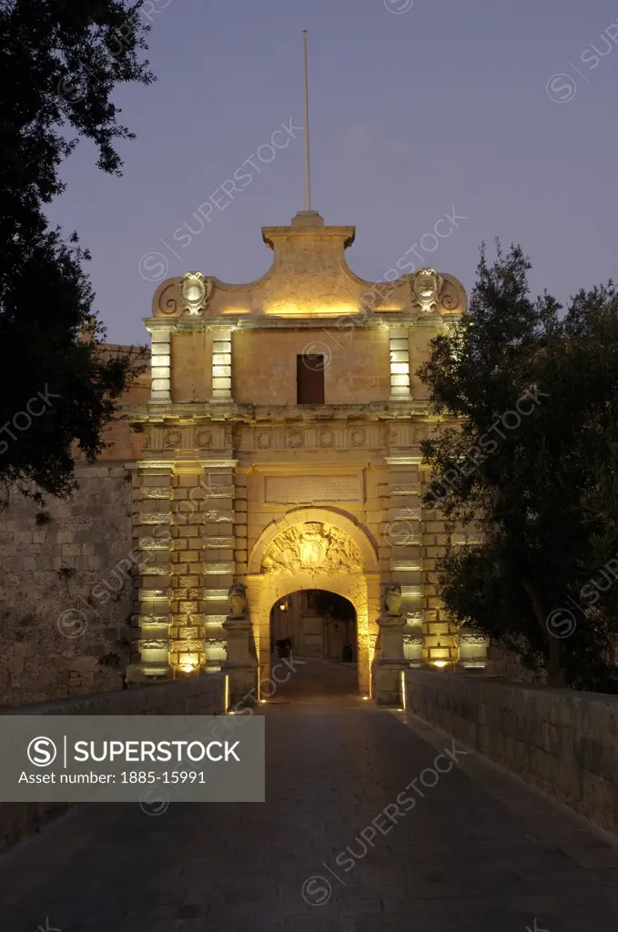 Maltese Islands, Malta, Mdina, Mdina Gate at night