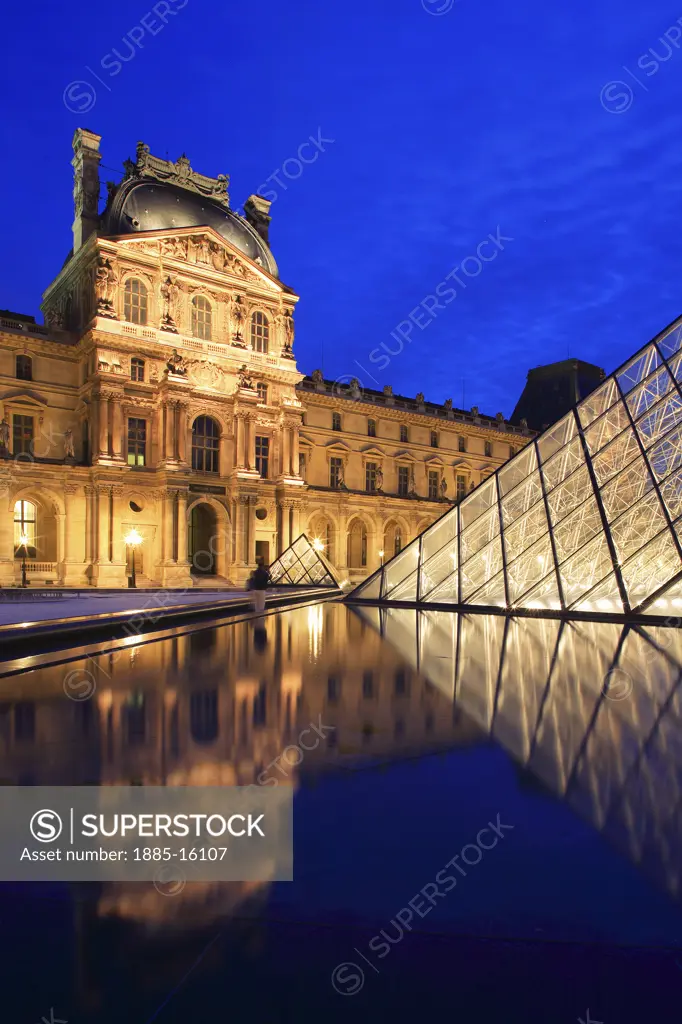 France, , Paris, Louvre Museum at night