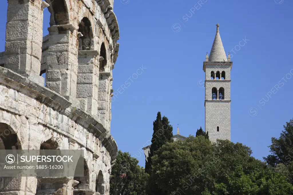 Croatia, Istria, Pula, Roman amphitheatre and church
