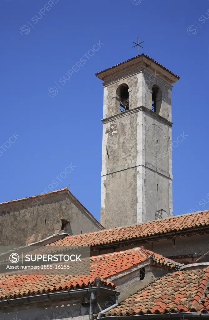 Croatia, Istria, Rovinj, Bell tower and roofs