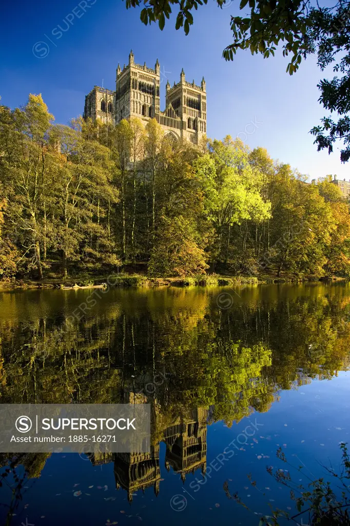 UK - England, County Durham, Durham, Durham Cathedral and River Wear in autumn
