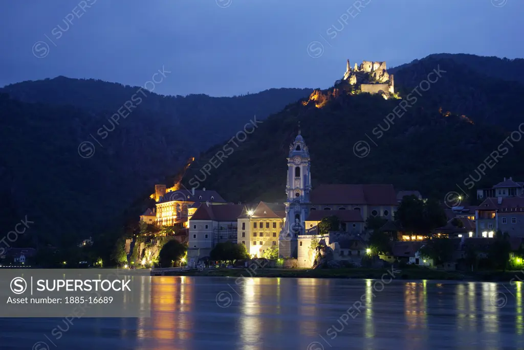Austria, Lower Austria, Durnstein, View over the River Danube at night