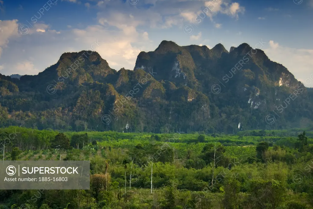 Thailand, , Khao Sok National Park, View over forests to karst formations