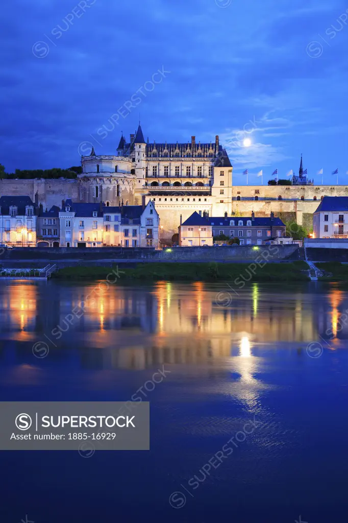 France, The Loire, Amboise, Chateau and river at night