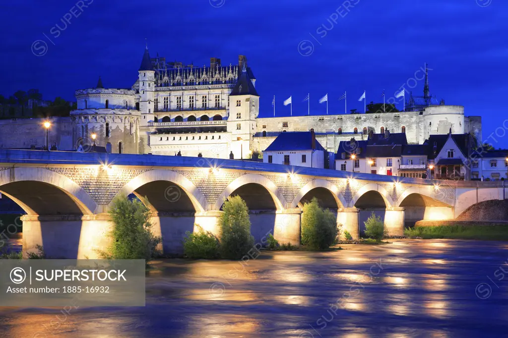 France, The Loire, Amboise, Chateau and river at night