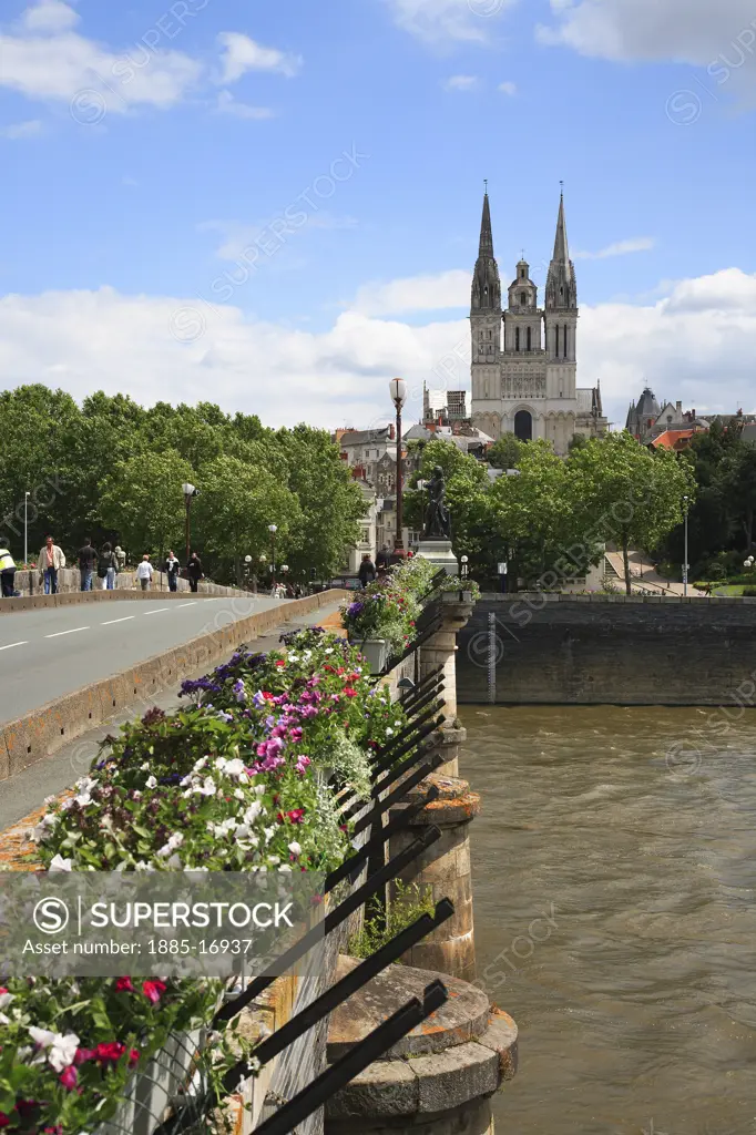 France, The Loire, Angers, View over the river to St Maurice Cathedral
