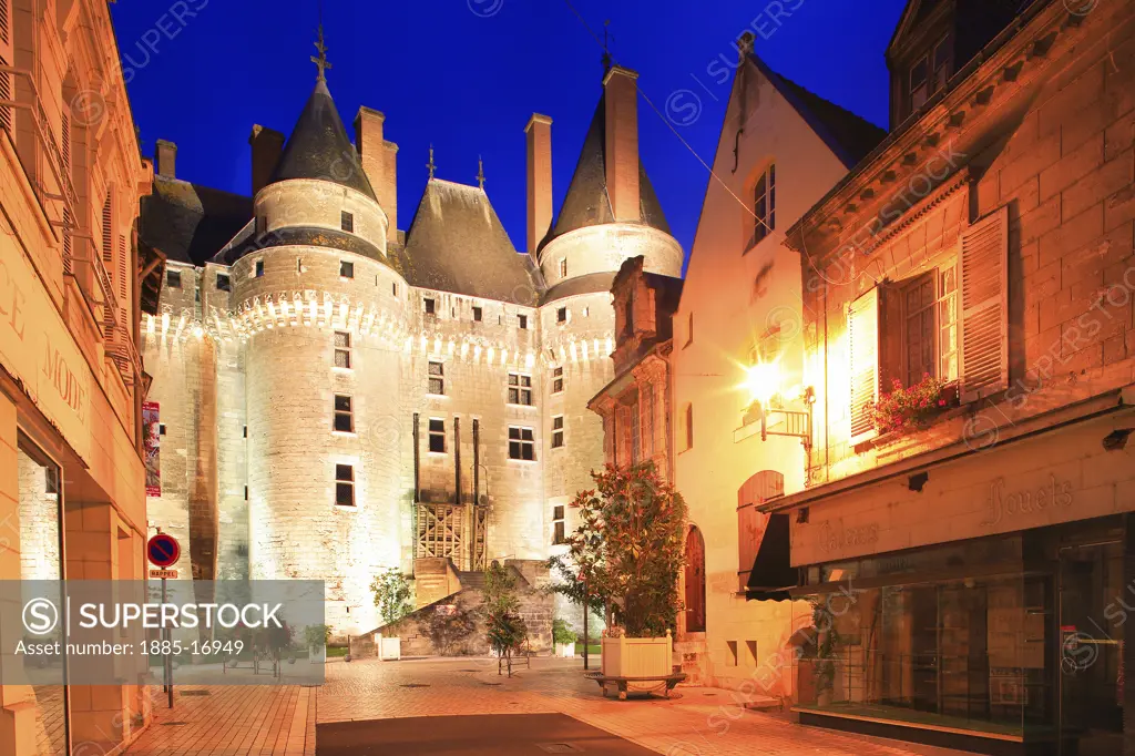 France, The Loire, Langeais, Street leading to chateau at night