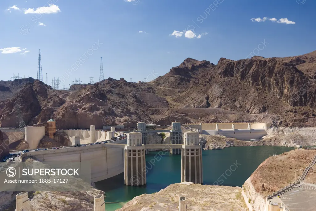 USA, Nevada, Hoover Dam, View of towers at Hoover Dam