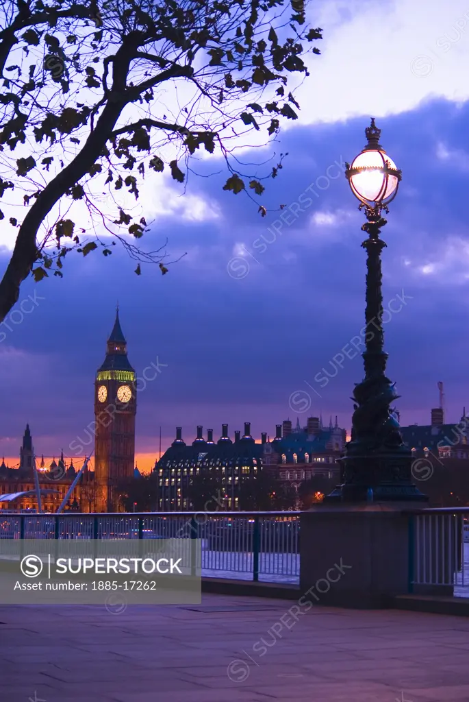 UK - England, , London, Big Ben from the South Bank at dusk