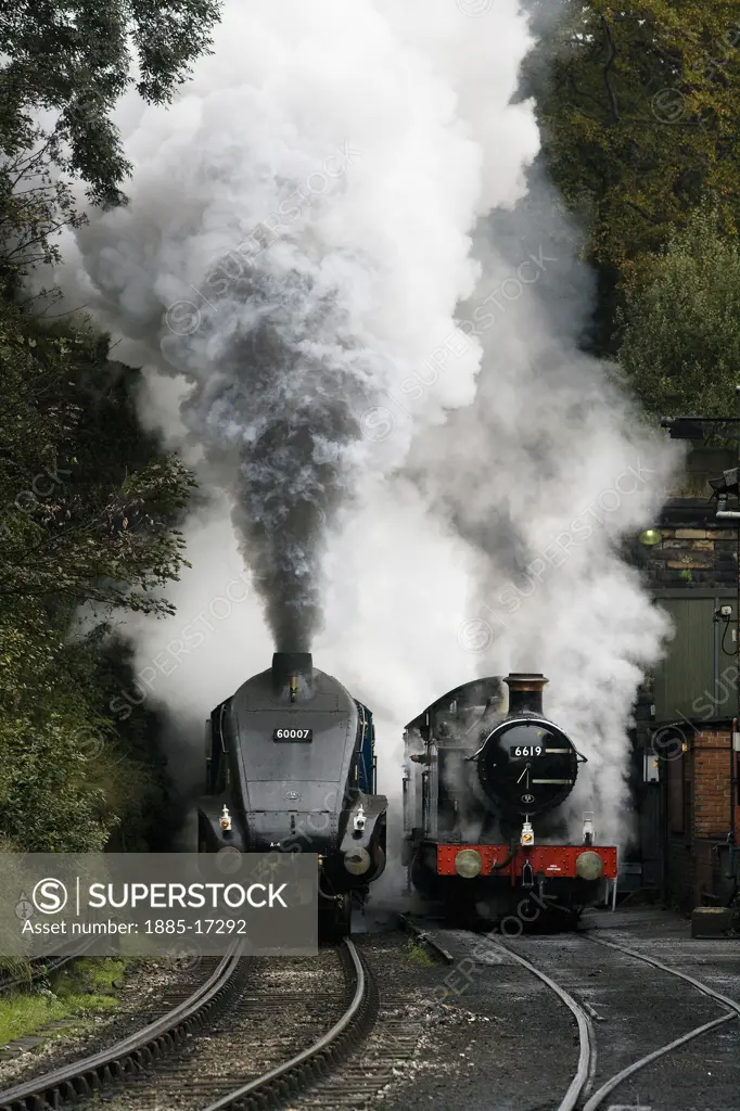 UK - England, Yorkshire, Grosmont, Steam trains on the tracks