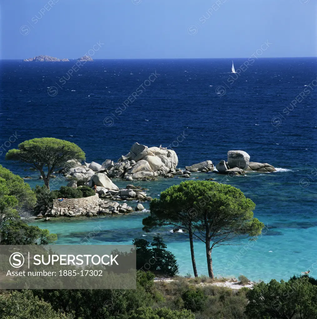 France, Corsica, Palombaggia, View over beach and bay