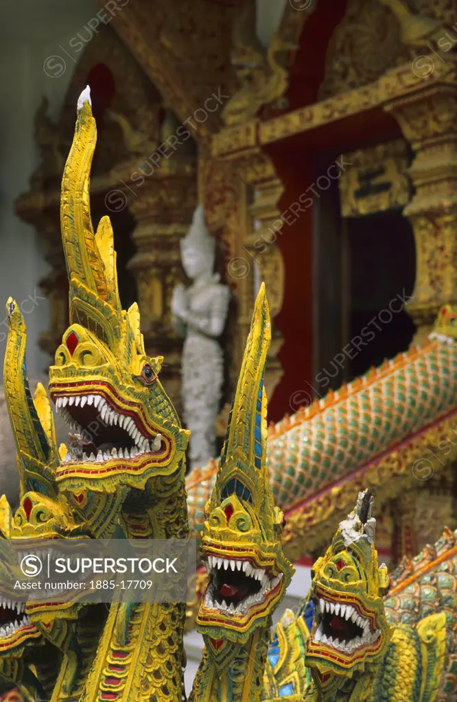 Thailand, , Chiang Mai, Temple detail - dragon statues