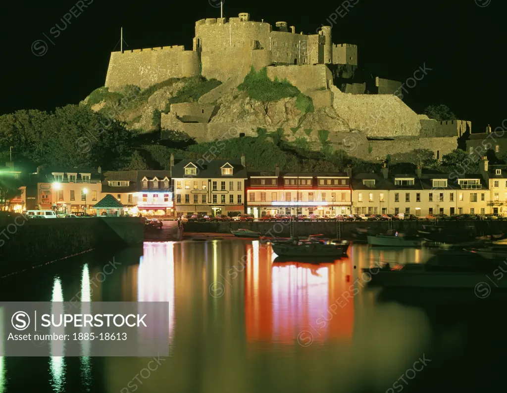 UK - Channel Islands, Jersey, Gorey, Gorey Harbour and Mont Orgueil Castle at night