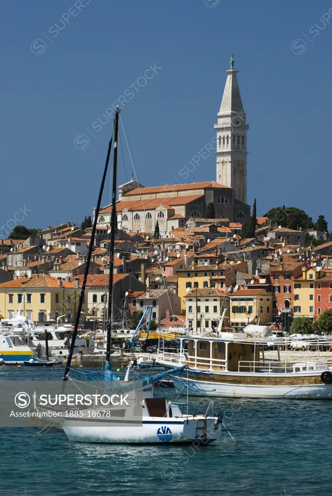 Croatia, Istria, Rovinj, View over harbour to the Old Town and Church of St Euphemia 