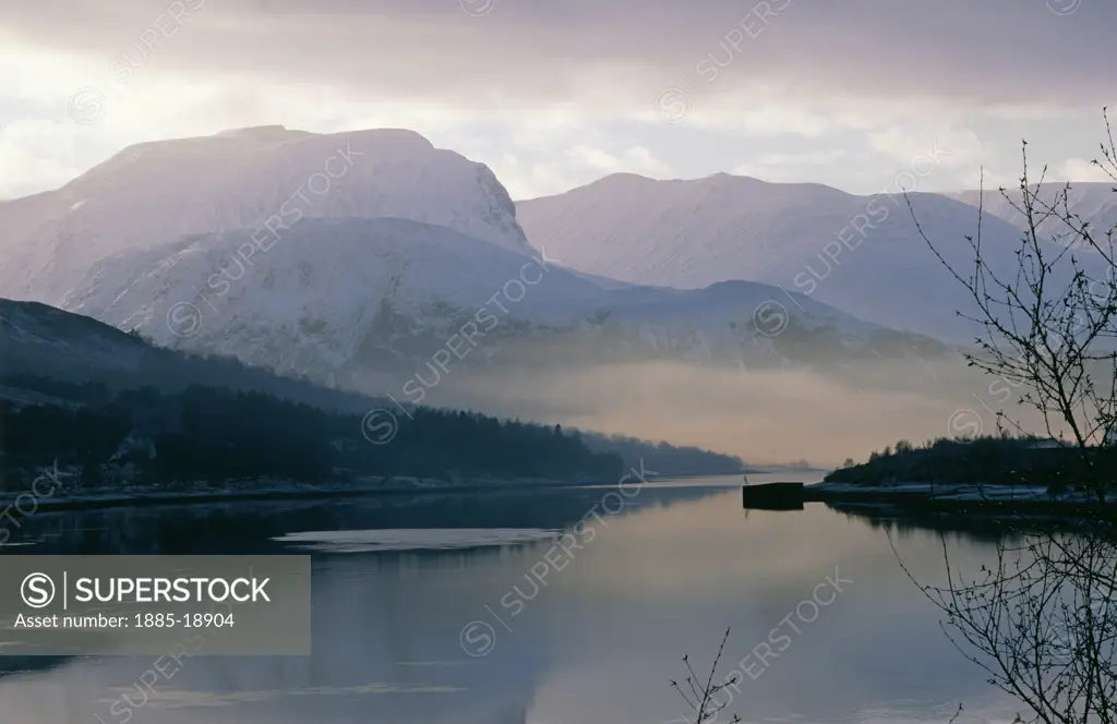 UK - Scotland, Highland, Fort William - near, Ben Nevis over Loch Linnhe in winter 