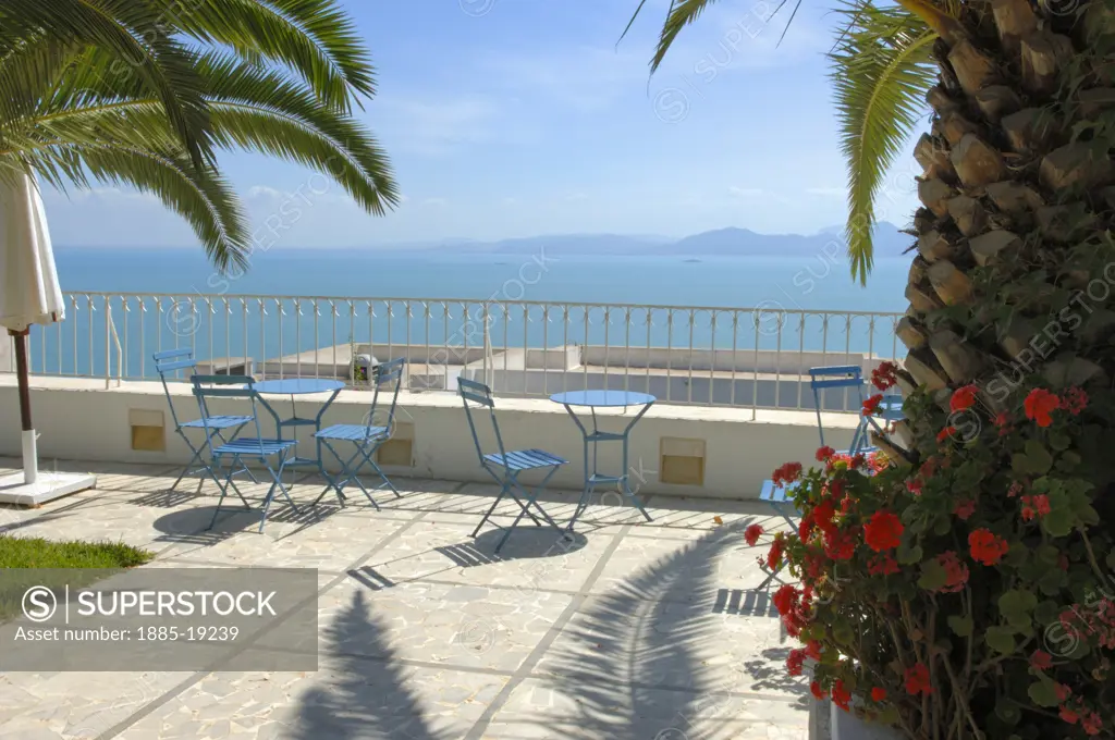 Tunisia, Tunis, Sidi Bou Said, Restaurant terrace overlooking blue bay