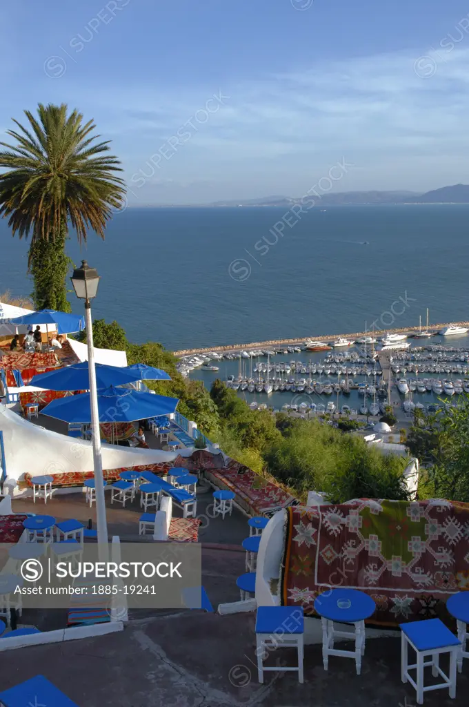 Tunisia, Tunis, Sidi Bou Said, Cafe overlooking marina
