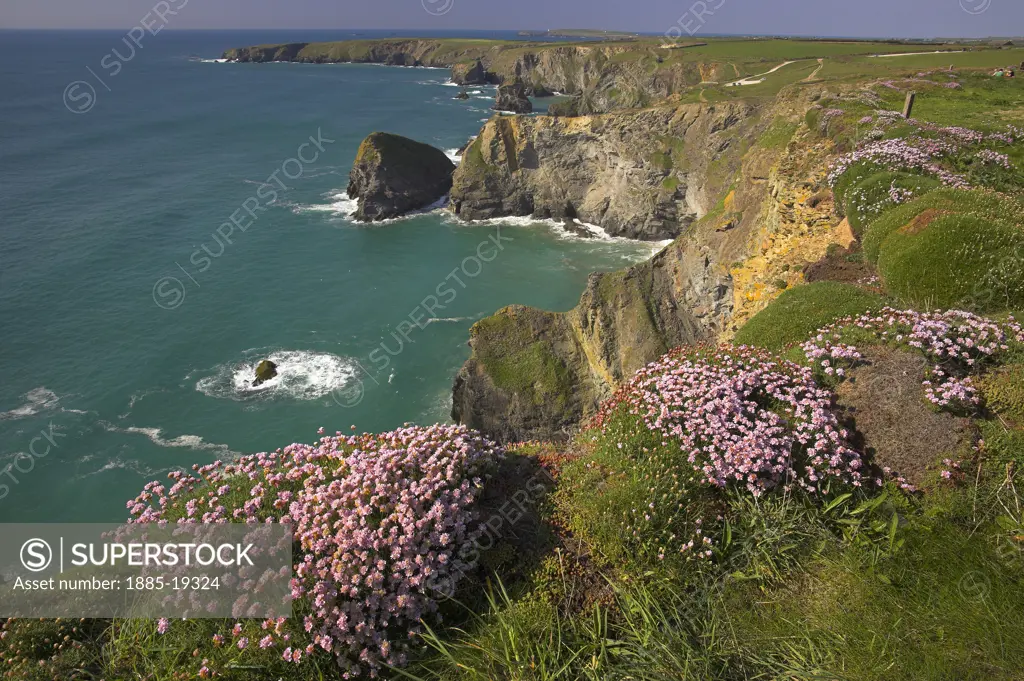 UK - England, Cornwall, Bedruthan Steps, View over Bedruthan Steps from clifftop