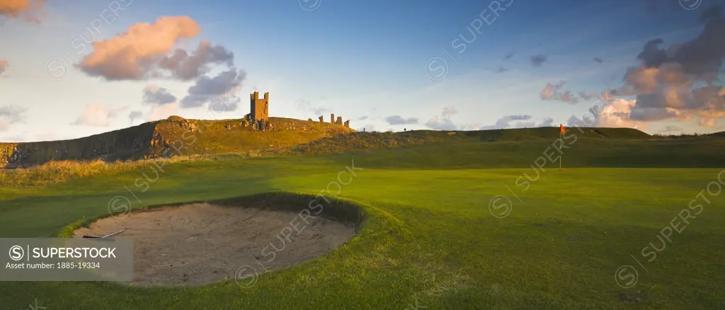 UK - England, Northumberland, Dunstanburgh, Dunstanburgh Castle from golf course