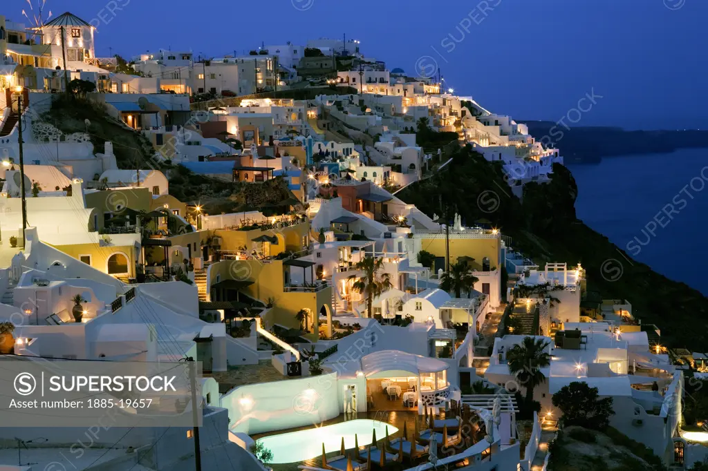Greek Islands, Santorini Island, Firostefani, View of town at night