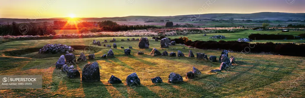 UK - Northern Ireland, County Tyrone, Gortin - near, Beaghmore Stone Circles at sunset
