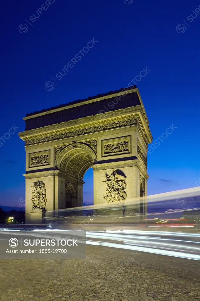 France, , Paris, Arc de Triomphe at night