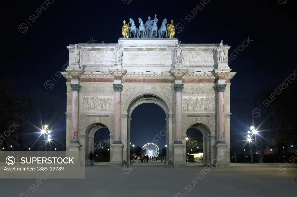 France, , Paris, The Louvre Arch and Millennium Wheel at night