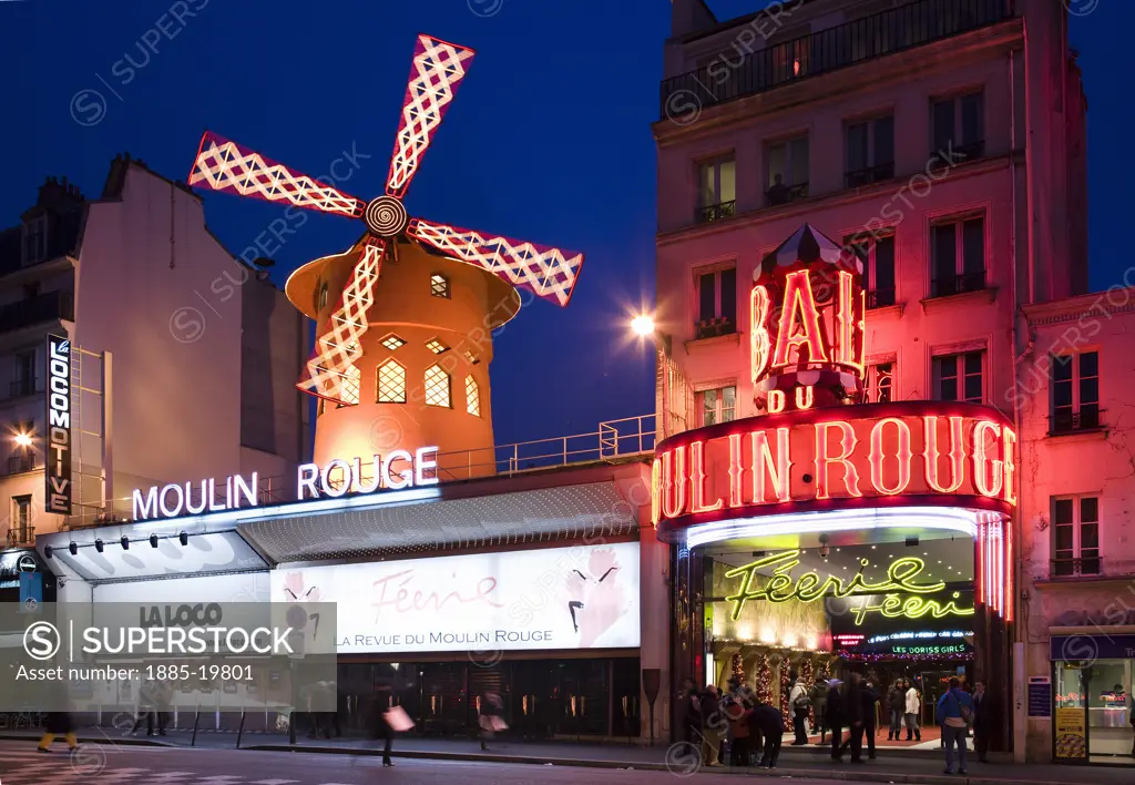 France, , Paris, The Moulin Rouge at dusk