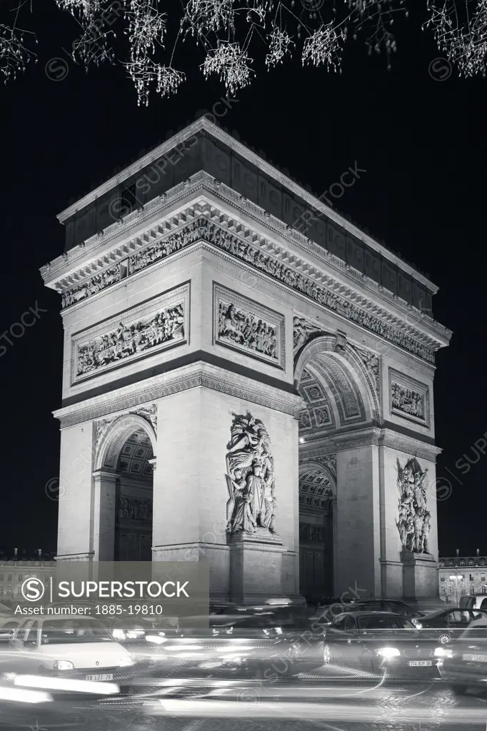 France, , Paris, Arc de Triomphe at night