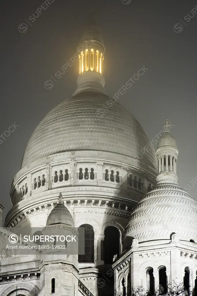 France, , Paris, Sacre Coeur on a foggy night