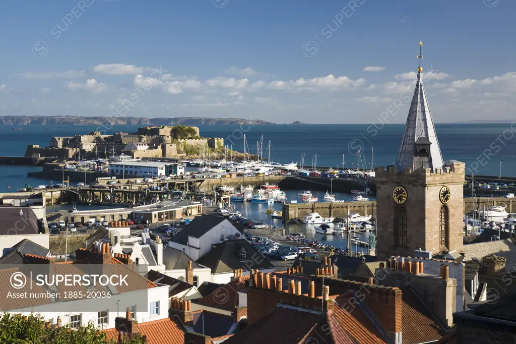 UK - Channel Islands, Guernsey, St Peter Port, View over harbour and Castle Cornet