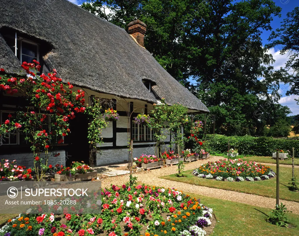 UK - England, Hereford & Worcester, General, Cottages - thatched cottage and garden in summer