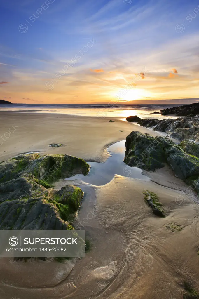 UK - England, Devon, Woolacombe, Woolacombe Sands at sunset