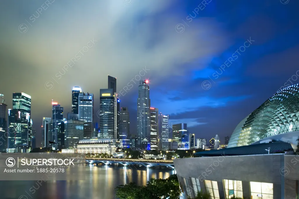 Singapore, , Business District, Esplanade Theatre and city skyline at dusk