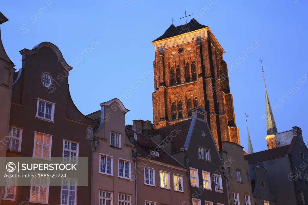 Poland, , Gdansk, Church of St Mary and local architecture at night