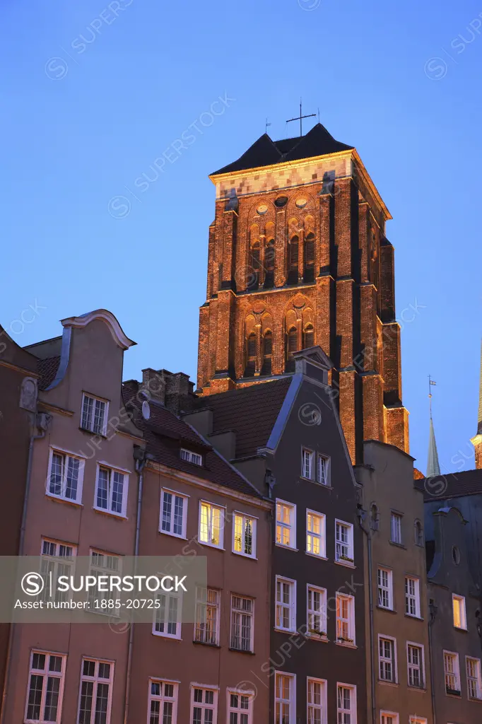 Poland, , Gdansk, Church of St Mary and local architecture at night