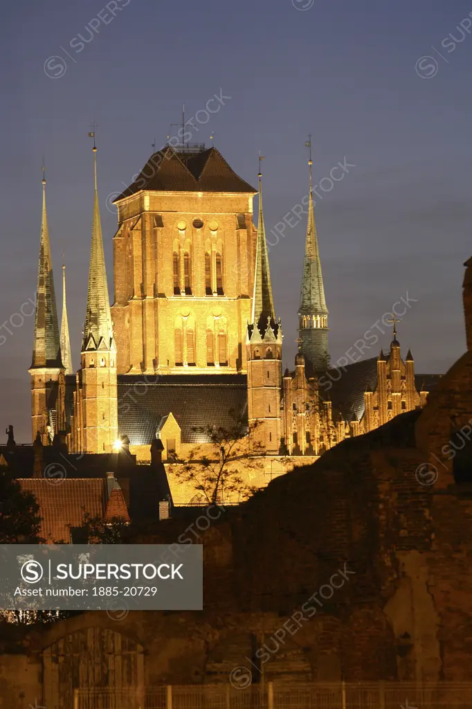 Poland, , Gdansk, Church of St Mary and ruins at night