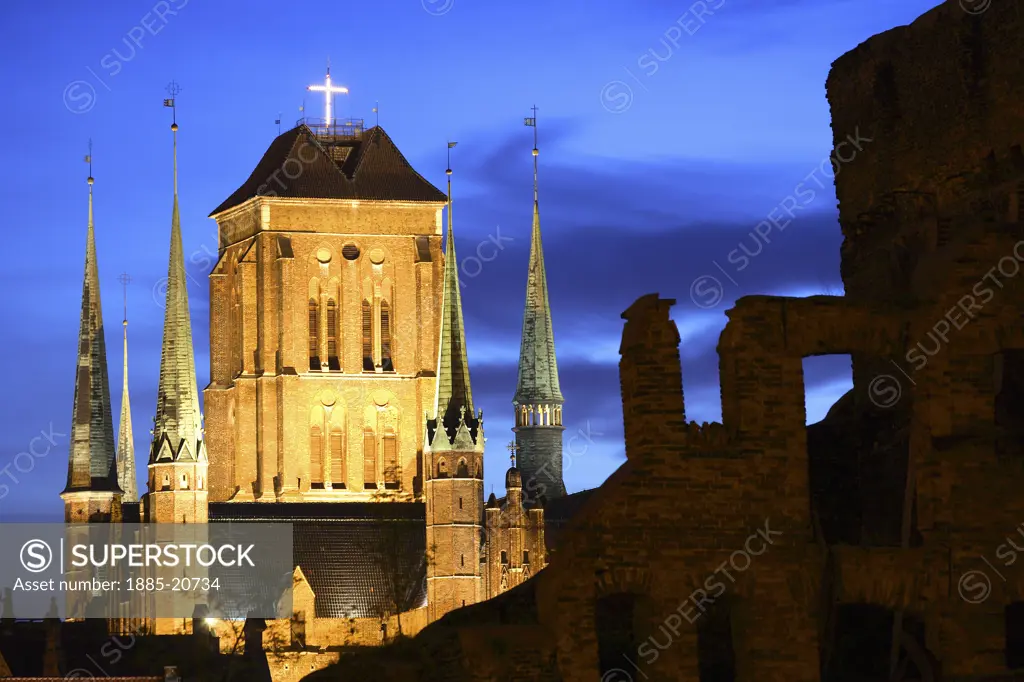 Poland, , Gdansk, Church of St Mary and ruins at night