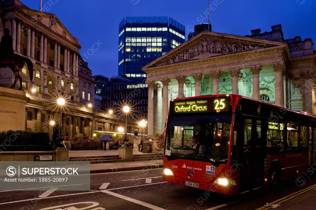 UK - England, London, London, Royal Exchange and Bank of England at night