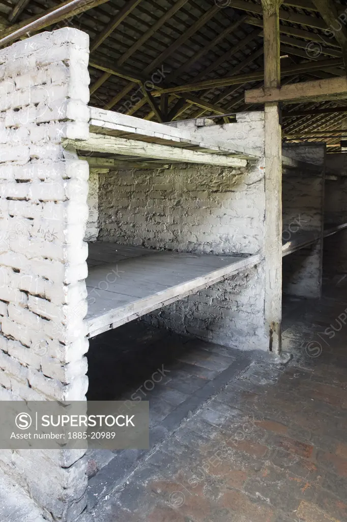 Poland, Krakow, Interior of the stone barracks showing the cramped bed space at Birkenau