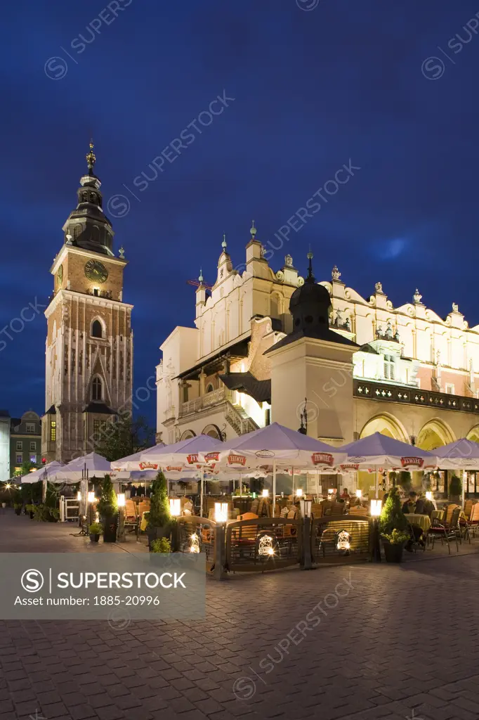 Poland, Krakow, A floodlit view of the exterior of the Cloth Hall or Sukiennice in the Rynek Glowny