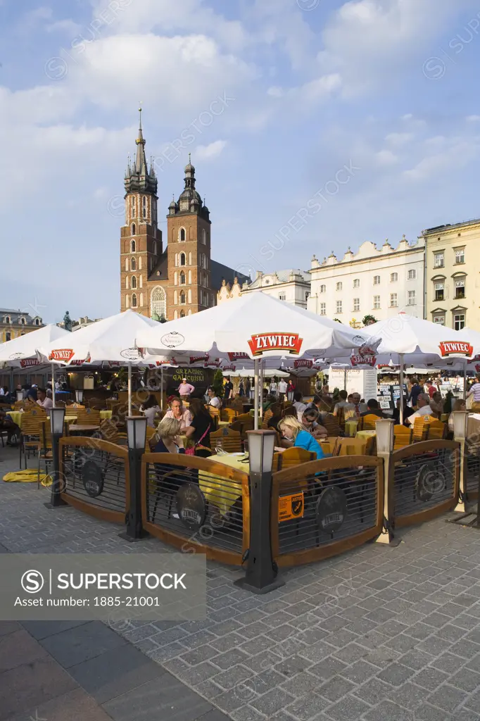 Poland, Krakow, Dining and eating out near St Mary's Basilica. a brick gothic church that stands in the Rynek Glowny