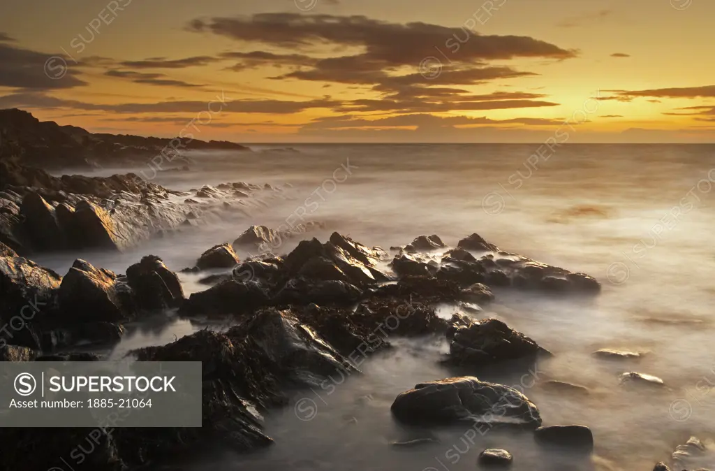 UK - England, Isle Of Man, Niarbyl Bay, Coastal scenery at sunset