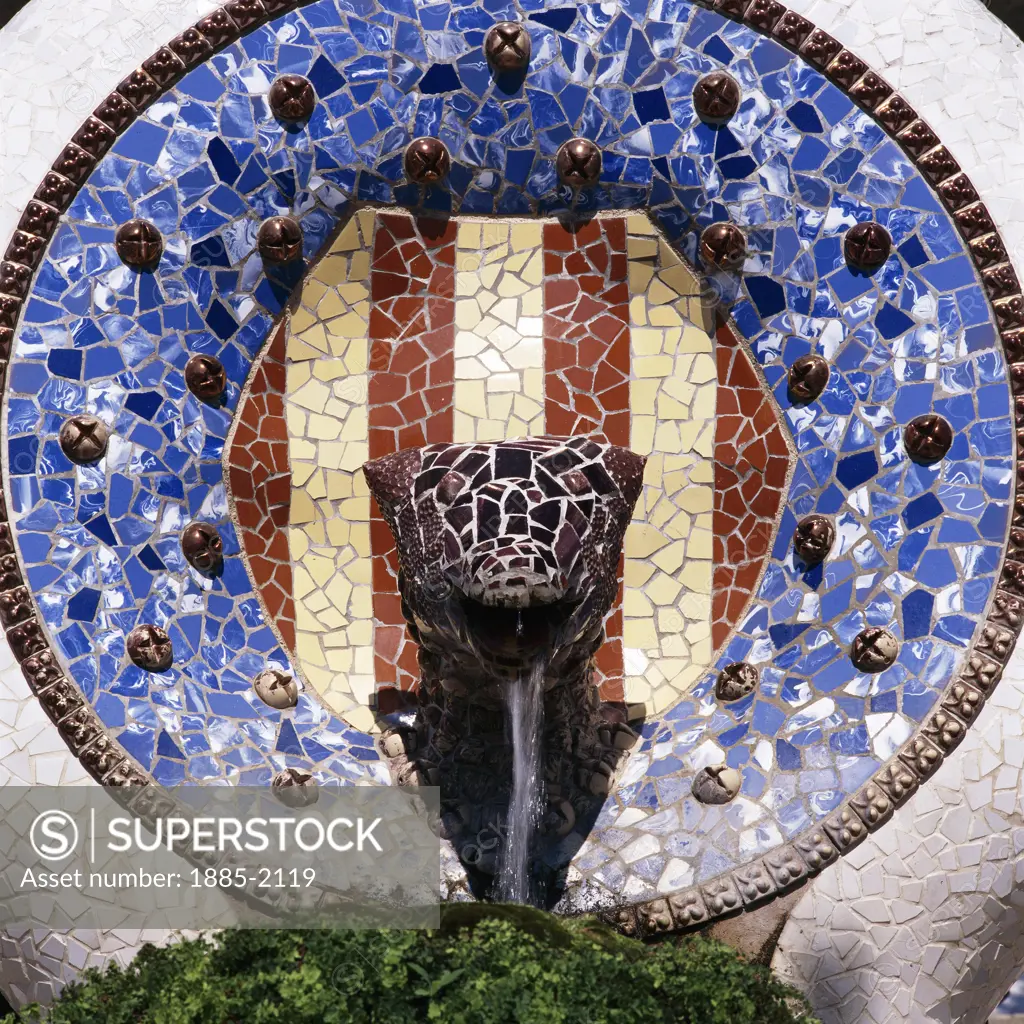 Spain, Catalunya, Barcelona, Parc Guell - Ceramic Fountain (detail)