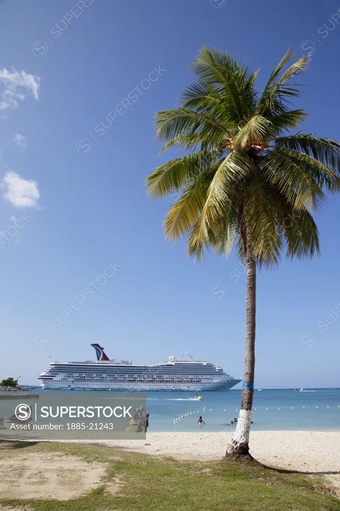 Caribbean, Jamaica, Ocho Rios, Beach with palm tree and cruise ship