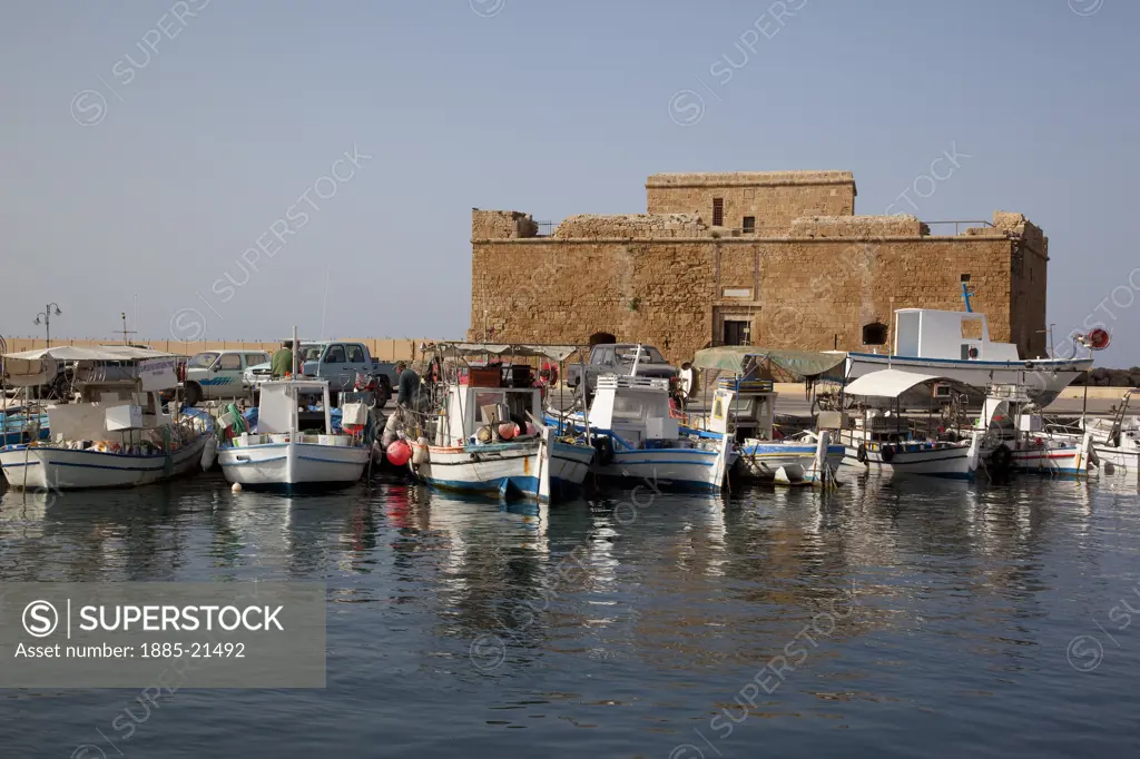 Cyprus, Kato Paphos, Paphos, Harbour boats & Castle